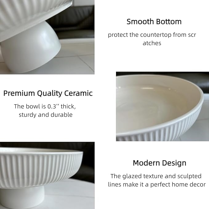 Ceramic Fruit Bowl,11" Decorative Bowl, Large Fruit Bowl for Kitchen Counter, Pedestal Bowl, Kitchen Counter Décor, Bread Candy Snacks Organizer, White (5.3 lbs, 68oz)