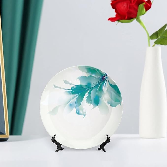 Ceramic Display Plate, Abstract Decor Ceramic Hanging Decorative Plate, Big Single Beautiful Blue Ombre Flowers, 7 Inch, Living Room Kitchen Decoration Household, White Light Blue and Blue