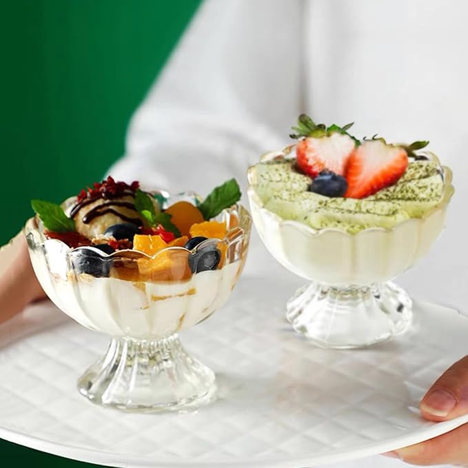 Iced Cream Dessert Bowl，Set of 6，6oz Vintage Glass ware with Heavy Base, Drinking Cup for Sundae, Fruit, Ice Cream, Snack, Condiment (6)