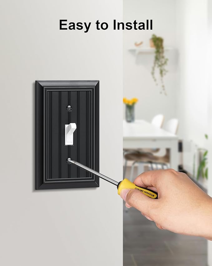 2-Pack Classic Beadboard Single Toggle Light Switch Cover Plate, Durable Natural Bamboo Fiber Decorative Switch Plate Covers, Matte Black 1 Gang Wall Plate