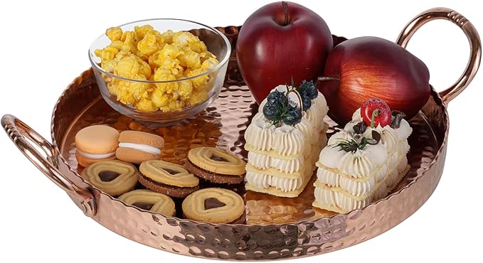 MyGift 12 Inch Copper Tone Metal Round Display Tray with Handcrafted Hammered Design, Decorative Tabletop Centerpiece Base or Serving Platter - Handmade in India