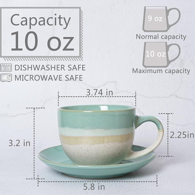 Bosmarlin Ceramic Cappuccino Cup and Saucer Set of 2, 10 Oz, Coffee Cups - Image 2