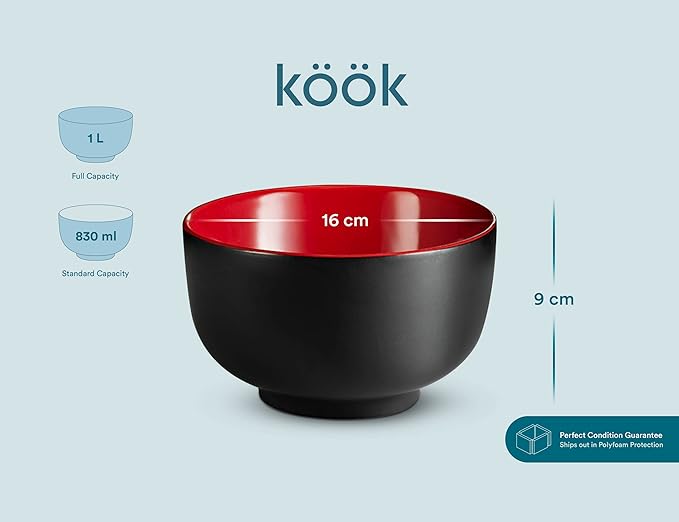 KooK Ramen Bowl, Japanese Bowls, Noodle Bowls, Large Soup Bowl, Ceramic, Large Capacity, For Ramen, Pho, Udon, Soba, Microwave and Dishwasher Safe, 34 oz, Set of 4 (Black/Red)