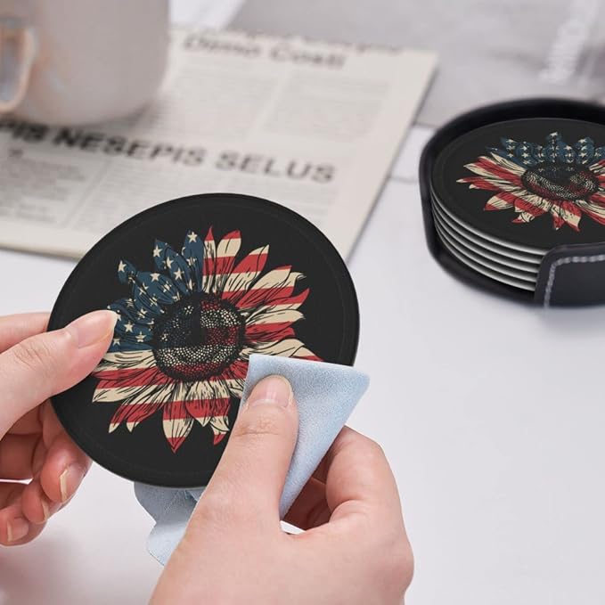 6 Pcs America Sunflower Flag 4th July Patriotic Leather Coasters - Image 6