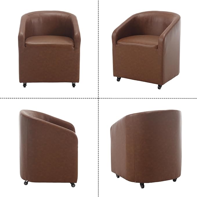 Modern Barrel Dining Chair with Rolling Casters, Upholstered PU Leather Swivel Dining Room Chair with Wheels for Kitchen Living Room Home Office, Brown