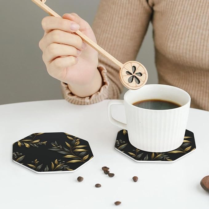 4Pcs Leather Coaster for Drinks Golden Olive Branch Cup Coasters Aesthetic - Image 6