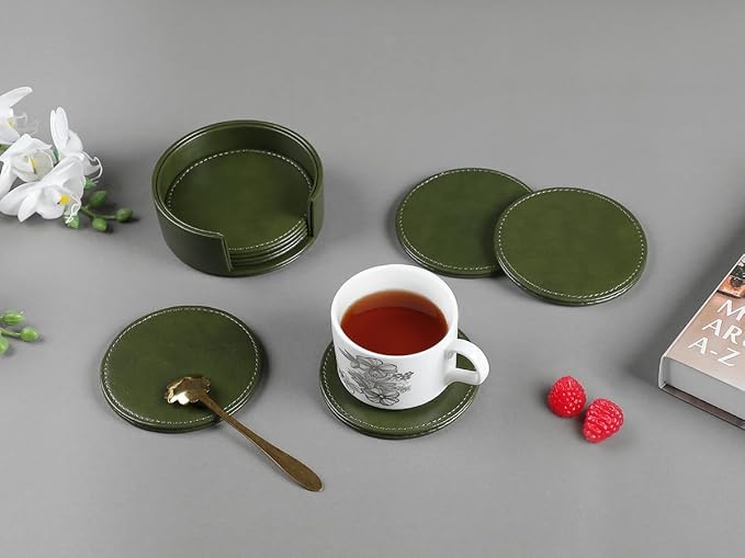 Leather Coasters Set of 6 with Holder, Tabletop Protection, Coffee Table & Bar - Image 9