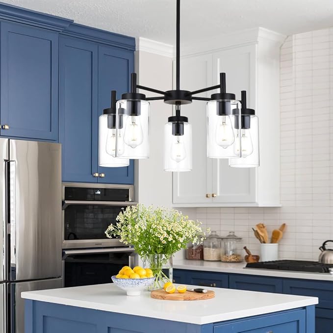 VINLUZ 5 Light Contemporary Chandeliers Black Modern Lighting Fixtures Hanging,Industrial Vintage Pendant Lights with Clear Glass Shade Flush Mount Ceiling Light for Dining Room Bedroom