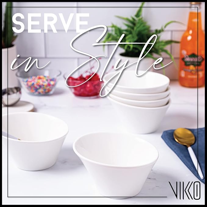 Vikko White Soup Bowls, Set of 4 Ceramic White Bowls, 10 Ounce Versatile Salad, Soup Bowl or Dessert Bowl, Elegant Shape, Dishwasher Safe