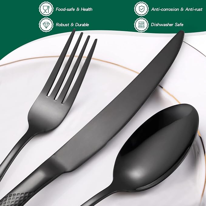 20-Piece ​Modern Black Hammered Silverware Set, 18/10 Stainless Steel Flatware - Image 3
