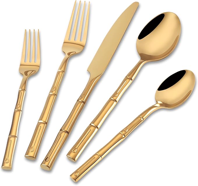 DEACORY Silverware Set Gold Bamboo Pattern Handle Flatware Set, 20-Piece Stainless Steel Cutlery Set Service for 4