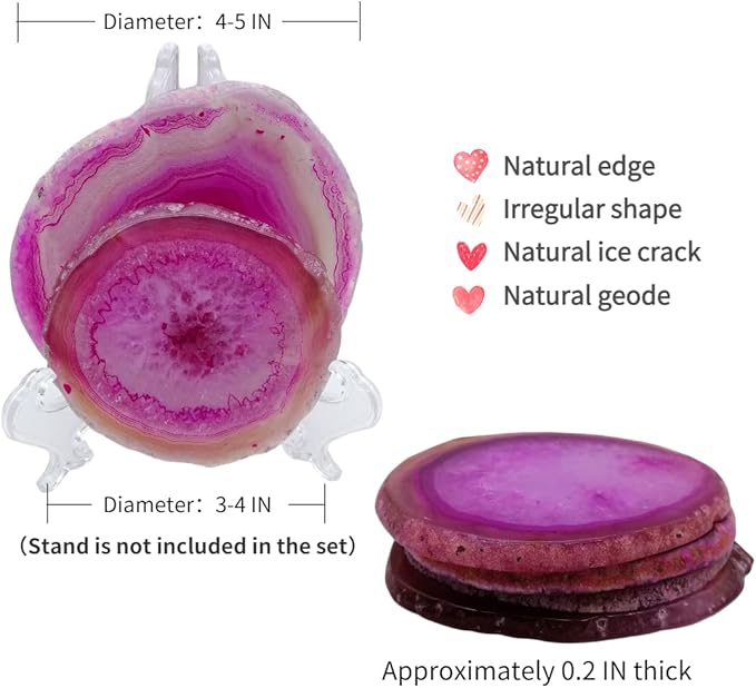 Pink Geode Drink Coasters Dyed 4-5" Set Agate Slice Large Gemstone Crystal Cup Mats for Coffee Table Wedding Creative Cards