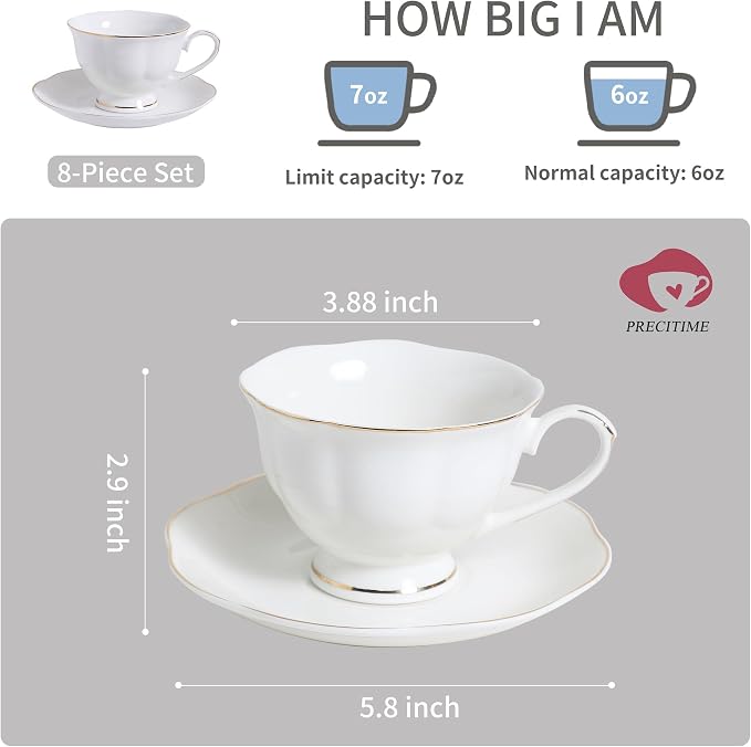 White Ceramic Tea Cup and Saucer Set of 8 - 6oz Elegant Porcelain Cups - Image 2