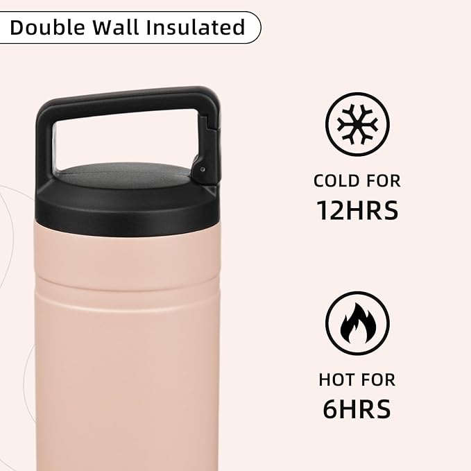 BJPKPK Insulated Water Bottle with 2 Lids,20 oz Double Wall Stainless Steel Vacuum Tumbler Travel Coffee Mug,Wide Mouth Thermal Cup,Peach