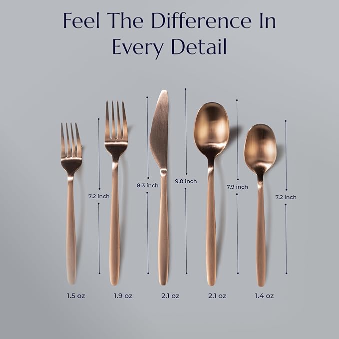 JazzUpCo Tia Flatware non toxic 18/10 stainless steel dishwasher safe (Matte Rose Gold, 4 Person Set (20 Pieces))