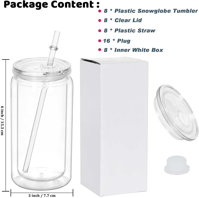 16 Oz Plastic Snowglobe Tumbler, 8 Pack Pre-Drilled Double Wall Plastic Clear - Image 6