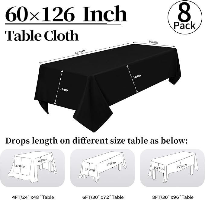 8 Pack Black Tablecloth 60 x 126 Inch Rectangular Table Cloth for 8 Foot Rectangle Tables, Wrinkle Resistant Washable Polyester Fabric Table Covers for Wedding Party Banquet Buffet