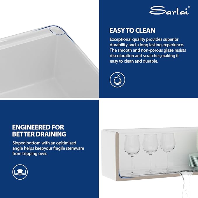 Sarlai 33 White Farmhouse Kitchen Sink - 33x20 Inch Farm Kitchen Sink Ledge Workstation White Ceramic Porcelain Fireclay Farmer Sinks 10" Inch Deep Single Bowl Basin with Assesory Kit