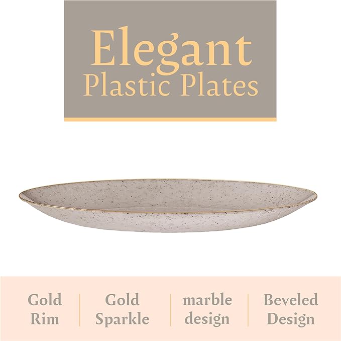 PLASTICPRO 30 Pack Disposable Plastic Plates Heavyweight Granite Look Elegant 10 inch Dinner Plates Grey with Gold Rim