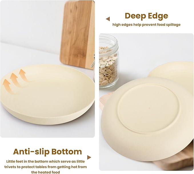 Deep Dinner Plates Set of 8, Wheat Straw Plate 9 Inch, Lightweight and Unbreakable Plastic Plate Reusable, Microwave & Dishwasher Safe Camping Plates for Picnic, Outdoor, Travel (Beige)