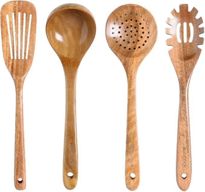 Acacia Wooden Utensil Set, 4 Piece Wood Kitchen Utensils | Includes Spaghetti by MAXCOOK