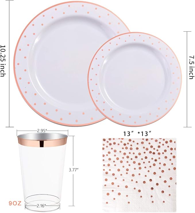 WELLIFE 350 PCS Rose Gold Plastic Plates, Includes: 50 Dinner Plate, 50 Dessert Plate, 50 Forks, 50 Knives, 50 Spoons, 50 Cups, 50 Dot Napkins for Party and Wedding
