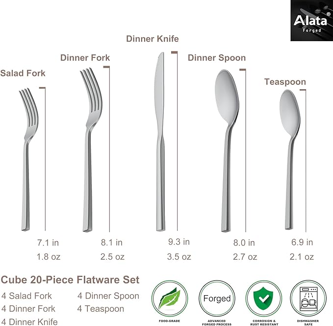Alata Cube Matte Satin&Cube Black 20-Piece Forged Silverware Set Stainless Steel Flatware Set