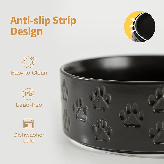 Ceramic Dog Bowl Set, 7.3" Dog Bowls with Anti-Slip Rings for Medium Breed Dogs, 5 Cup Food and Water Bowls, Pet Dishes for Medium-Sized Dogs, Dishwasher Safe (Double Bowls - Black, 7.3 inch)