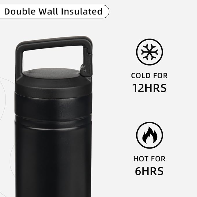 BJPKPK Insulated Water Bottle with 2 Lids,20 oz Double Wall Stainless Steel Vacuum Tumbler Travel Coffee Mug,Wide Mouth Thermal Cup,Black