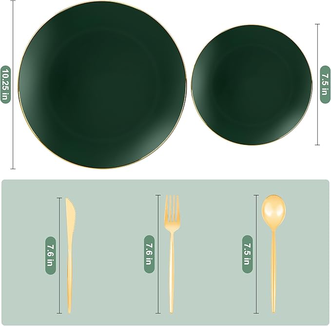 I00000 150Pcs Green Plastic Plates with Gold Rim, Fancy Disposable Plates,Green Plates Set include 30 Dinner Plate,30 Dessert Plate, 90 Plastic Silverware Set for Wedding&Party