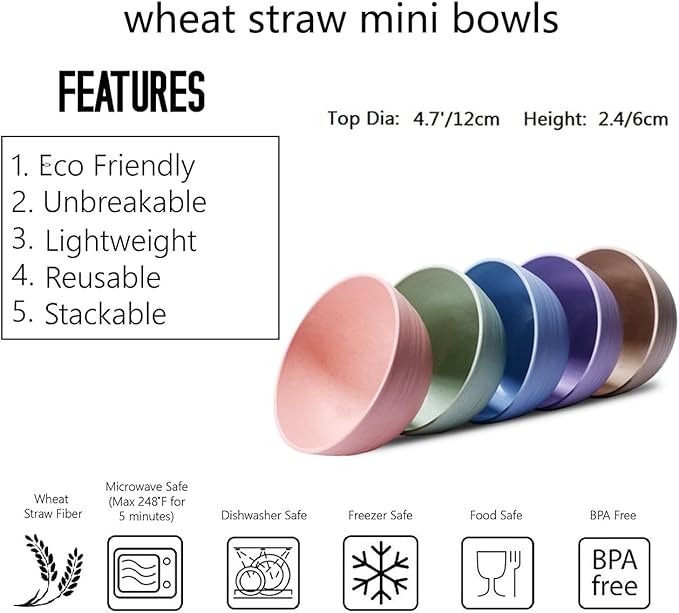 Eco-friendly Wheat Straw Bowls, 4.7 inches mini Snacks Bowl Sets,Unbreakable Natural Non-Toxin mini Bowls for Fruits, Microwave Dishwasher safe BPA FREE set of 5.