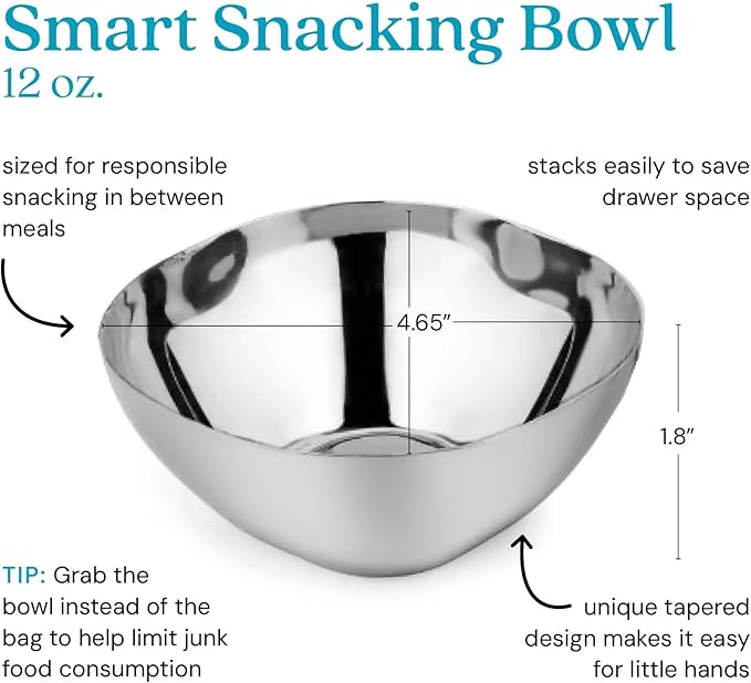 Ahimsa Stainless Steel Bowls for Kids, Durable Pediatrician Designed Toddler Snack Bowl, 12oz, Premium Non Toxic Metal, Easy to Clean & Dishwasher Safe, Set of 4 Classic Silver