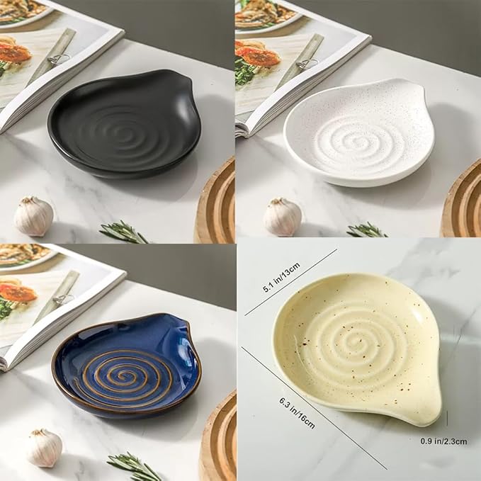 6-Inch Ceramic Spoon Rest - Heat Resistant, Non-Slip for Kitchen Utensils, Spoon Holder Stovetop, Dishwasher Safe - Elegant Spiral Design Black, Housewarming Gift