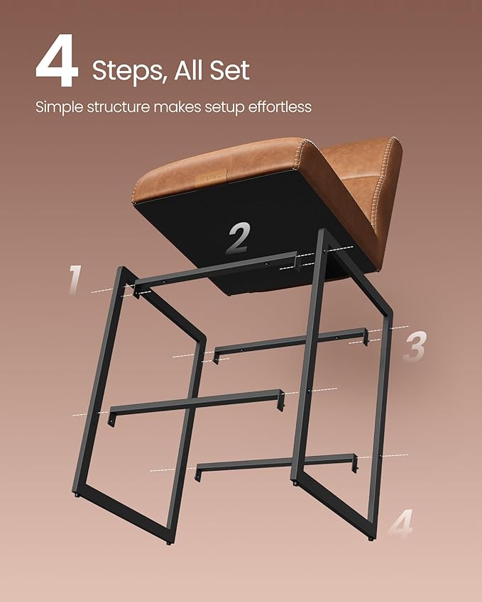 VASAGLE EKHO Collection - Bar Stools Set of 4, Counter Height Stools with Backs, 26.4-Inch Barstools Chairs, Synthetic Leather with Stitching, Mid-Century Modern, Dining Kitchen Island, Caramel Brown