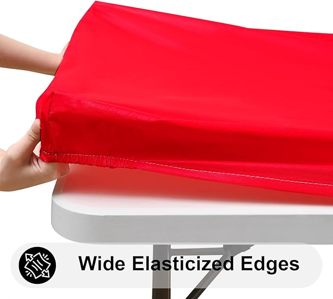 Smiry Rectangle Tablecloth, Elastic Fitted Flannel Backed Vinyl Tablecloths for 8ft Folding Tables, Waterproof Wipeable Table Covers for Indoor, Outdoor, Picnic and Camping (Red, 36"x96")