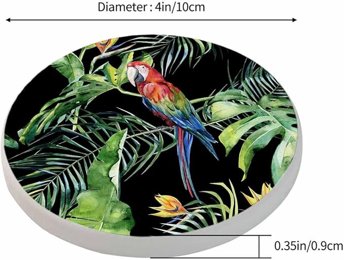 Scarlet Macaw Parrot Coaster for Drinks Individual Tropical Jungle Bird Animal Leaf Floral Botanical Palm Tree Presents for Housewarming Birthday and Family 100% Diatomite 4''X 4'',2 Pack