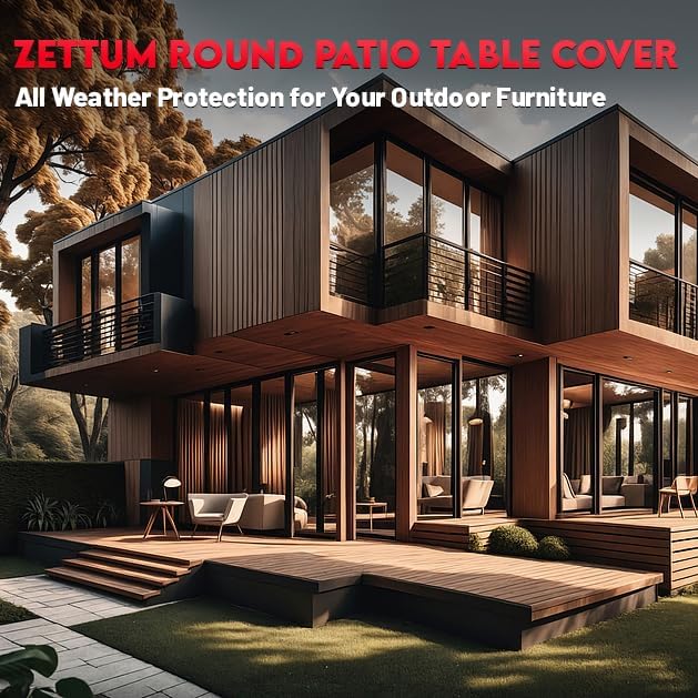 Zettum Round Patio Table Cover 62 Inch - 600D Outdoor Furniture Cover Round Waterproof & Heavy Duty, Lawn Furniture Set Covers for Outside Dining Table and Chairs Seating Combo - 62 x 62 x 28 Inch