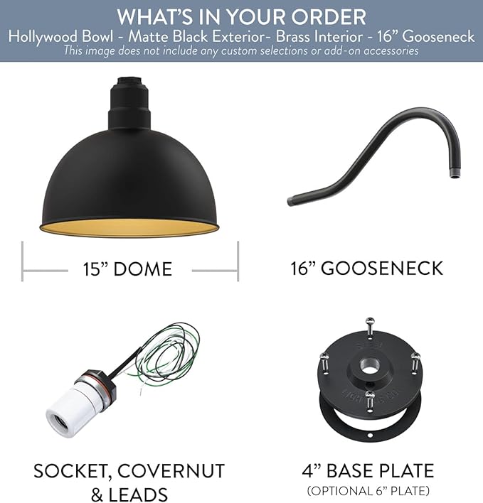 Steel Lighting Co. Hollywood Bowl Light | Outdoor Wall Mounted | 15 inch Bowl Dome | 16 inch Gooseneck | Barn Light Made in America | Matte Black Exterior/Brass Interior