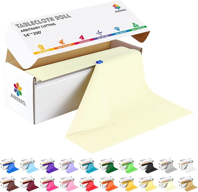 54 Inch X 200 Feet Plastic Table Cover Roll with Convenient Slide Cutter, Disposable Plastic Table Cloth Roll with Cut-to-Size Design for Weddings, Banquets, Parties (Beige)