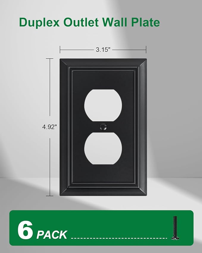 6-Pack Duplex Outlet Cover Plate, Decorative Matte Black Switch Plates and Outlet Covers, Natural Bamboo Fiber Wall Plates for Electrical Outlets, 1 Gang Receptacle Cover, Corrosion Resistant
