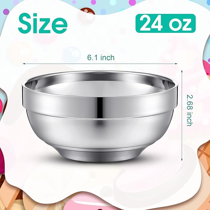 8 Pack 24 oz Stainless Steel Bowls Double Walled Insulated Soup Ice Cream Metal Mixing Nesting Bowls for Serving Soup Rice Cereal (304 Stainless Steel)