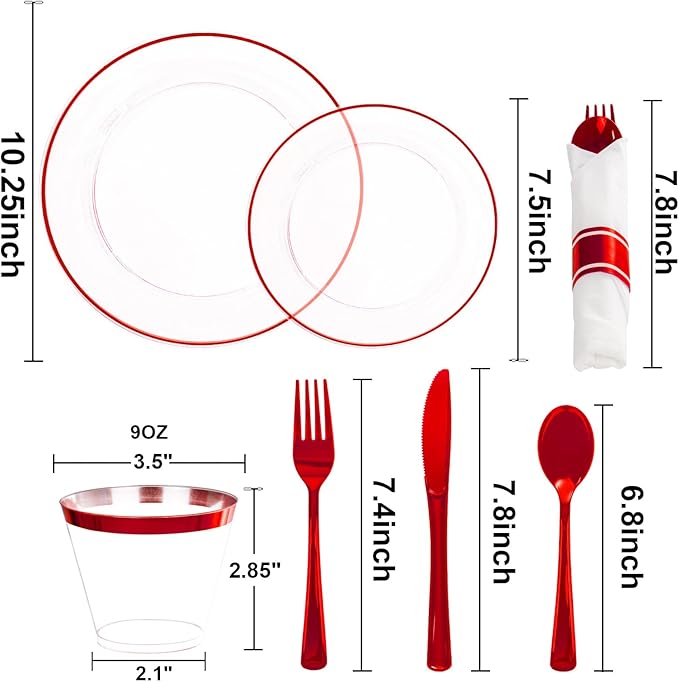 SUT 175 Pcs Red and Clear Plastic Dinnerware Set for 25 Guests, Include: 25 Dinner Plates, 25 Dessert Plates, 25 Pre Rolled Napkins With Silverware, 25 Cups, Disposable Plates for Party