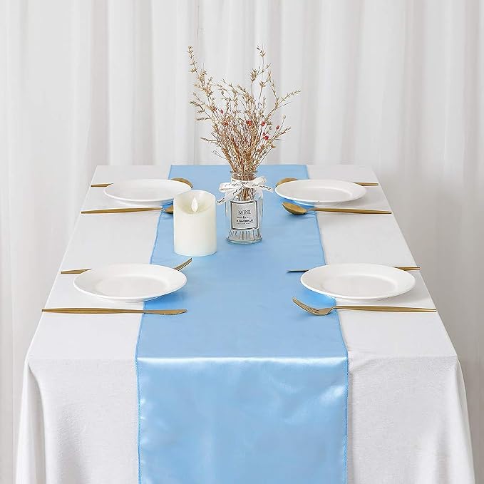 5 Pcs Baby Blue Satin Table Runners 12x108 inch Bright Satin Silk Fabric | - Image 3