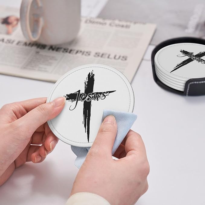 Jesus Cross Coasters for Drinks Set of 6, Round Leather Coaster - Image 6