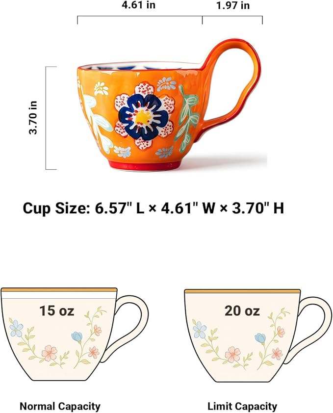 25oz Ceramic Soup Bowl with Handle – Handcrafted Floral Pottery Cereal & Ramen Bowl – Large Microwave & Dishwasher Safe Decorative Bowl for Everyday Use or Gift (Sunset Fiesta, 20oz)