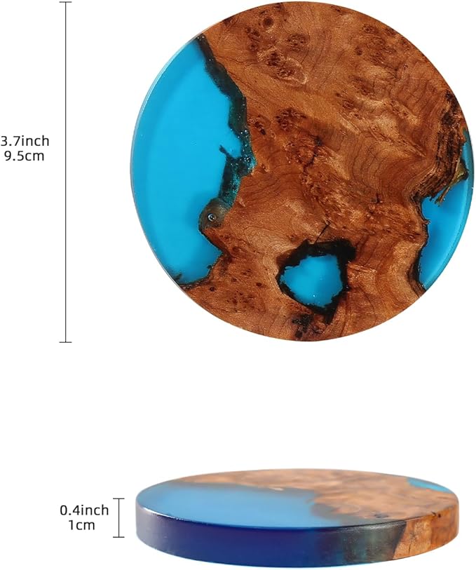 Wooden Beverage Coaster Set of 6 with Holder - Handmade Resin Wood Coasters, Drink Coaster Set for Coffee Tables, Home Bar Decorations, Round Blue Wood Coaster Set