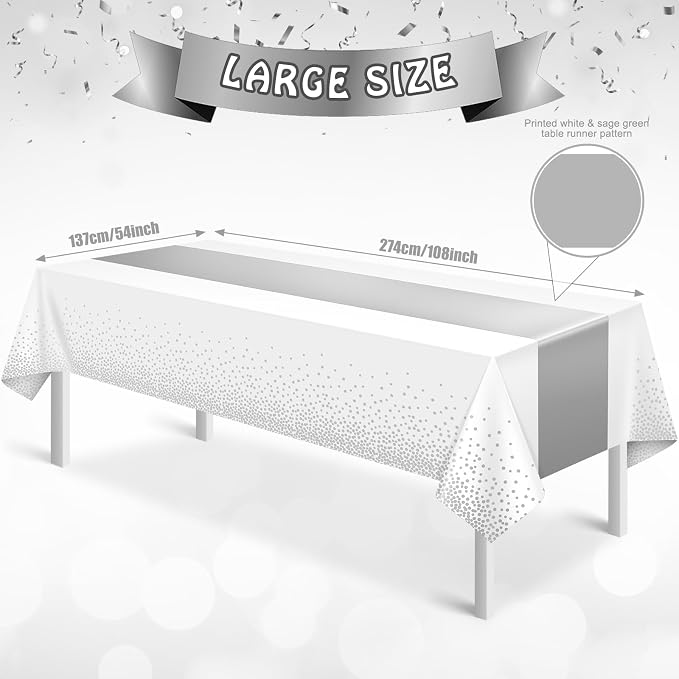 3Pcs White and Silver Tablecloth Party Decorations, Plastic White Table Cloth - Image 2