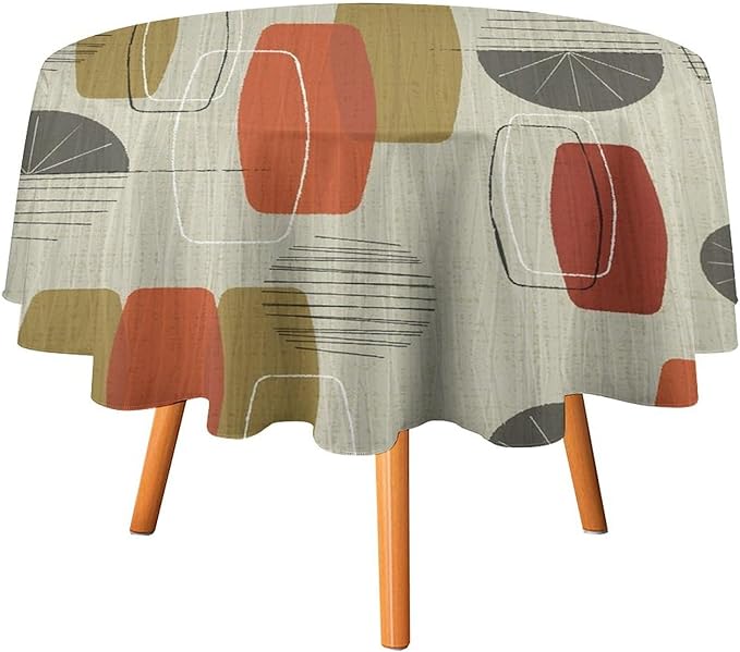 Retro Medieval Bohemian Round Tablecloth, Modern Mid Century Geometric Abstract Print Tablecloth for Home Party Dining Room Kitchen Decor 70Inch(178cm)