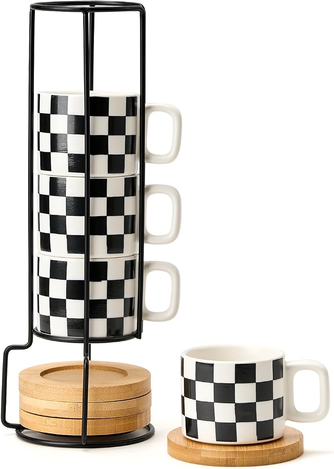 LUKA Porcelain Stackable Black and White Checkered Espresso Cups by LUKA