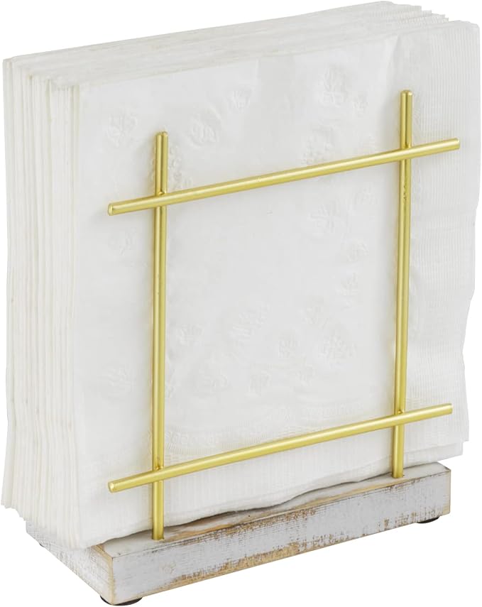 MyGift Shabby Whitewashed Wood Base Napkin Holders, Brass-Tone Metal Dispenser by MyGiftHome